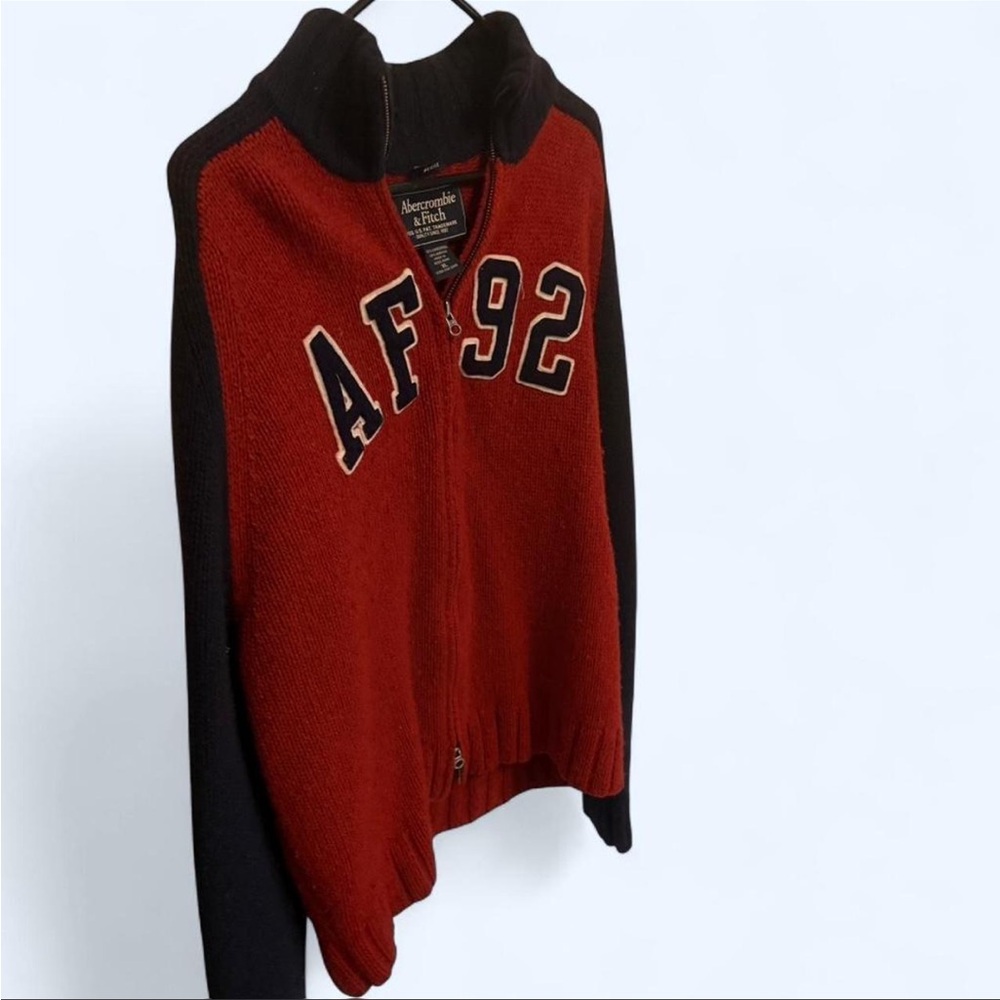 Abercrombie & Fitch Red and Navy Zip Sweater with AF Patch